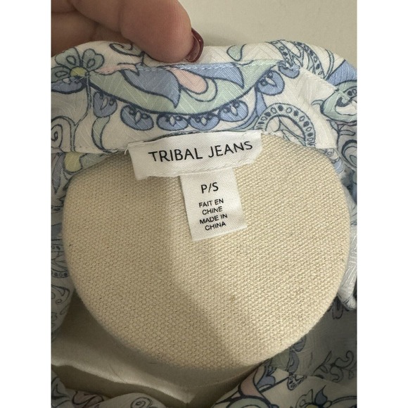 Tribal Jeans Paisley Shirt Top Sleeveless Blue White Floral Print Size Petite Sm - Picture 4 of 5